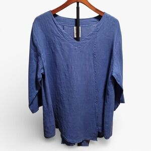Asymmetrical Flyaway Heavy Linen Tunic M Blue Split Overlap Lagenlook Coastal